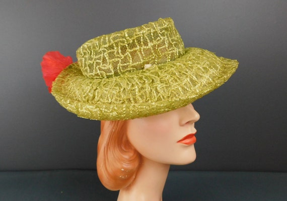 Vintage Sheer Green Raffia Hat with Large Back Fl… - image 2