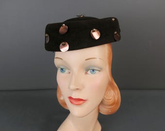 Vintage Black Feather Hat Satin Ring With Open Top and Veil 