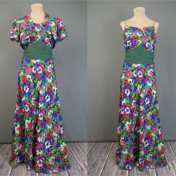 Vintage 1930s Bright Floral Gown with Bolero Jacket, Rayon crepe, fits 36 bust, issues, needs some repairs