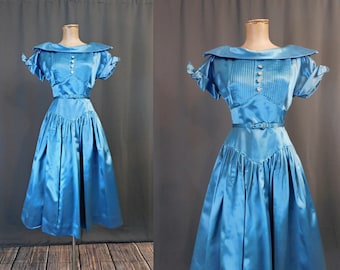 Vintage Turquoise Satin Party Dress, 1950s Evening, Dressy, 32 bust