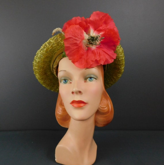 Vintage Sheer Green Raffia Hat with Large Back Fl… - image 8