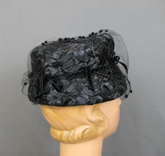 Vintage Black Raffia Straw Bucket Hat, 1960s with… - image 6