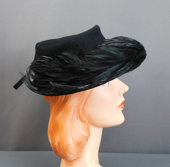 Vintage 1940s Black Feather Hat Felt, New York Cr… - image 7