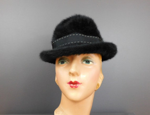 Vintage Black Fuzzy Angora Kangol Hat 