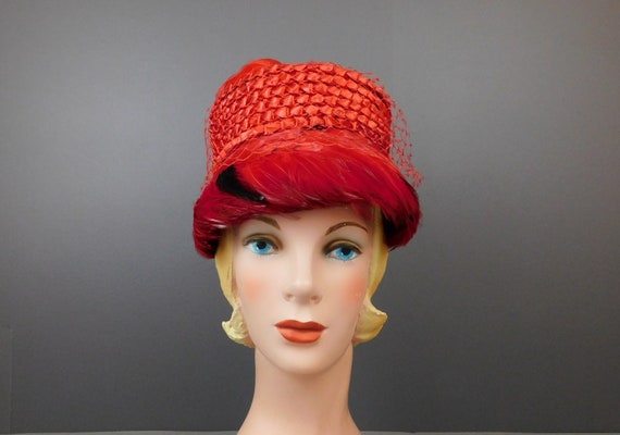 Vintage Red Straw Floral & Feathers Hat 1960s Val… - image 1