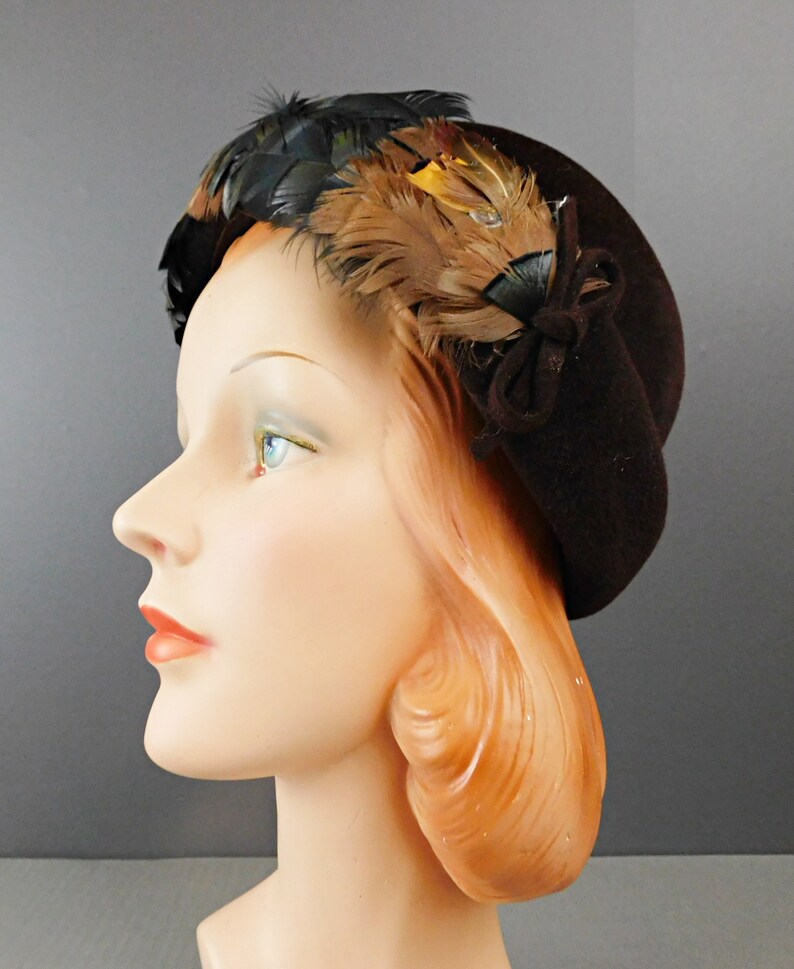 Vintage Brown Hat With Rounded Top and Feathers, 1960s 22-1/2 Inch Head ...