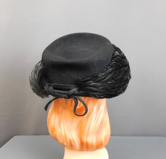 Vintage 1940s Black Feather Hat Felt, New York Cr… - image 8