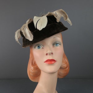 Vintage Brown Velvet and Feathers Hat, 1950s Evening Cocktails