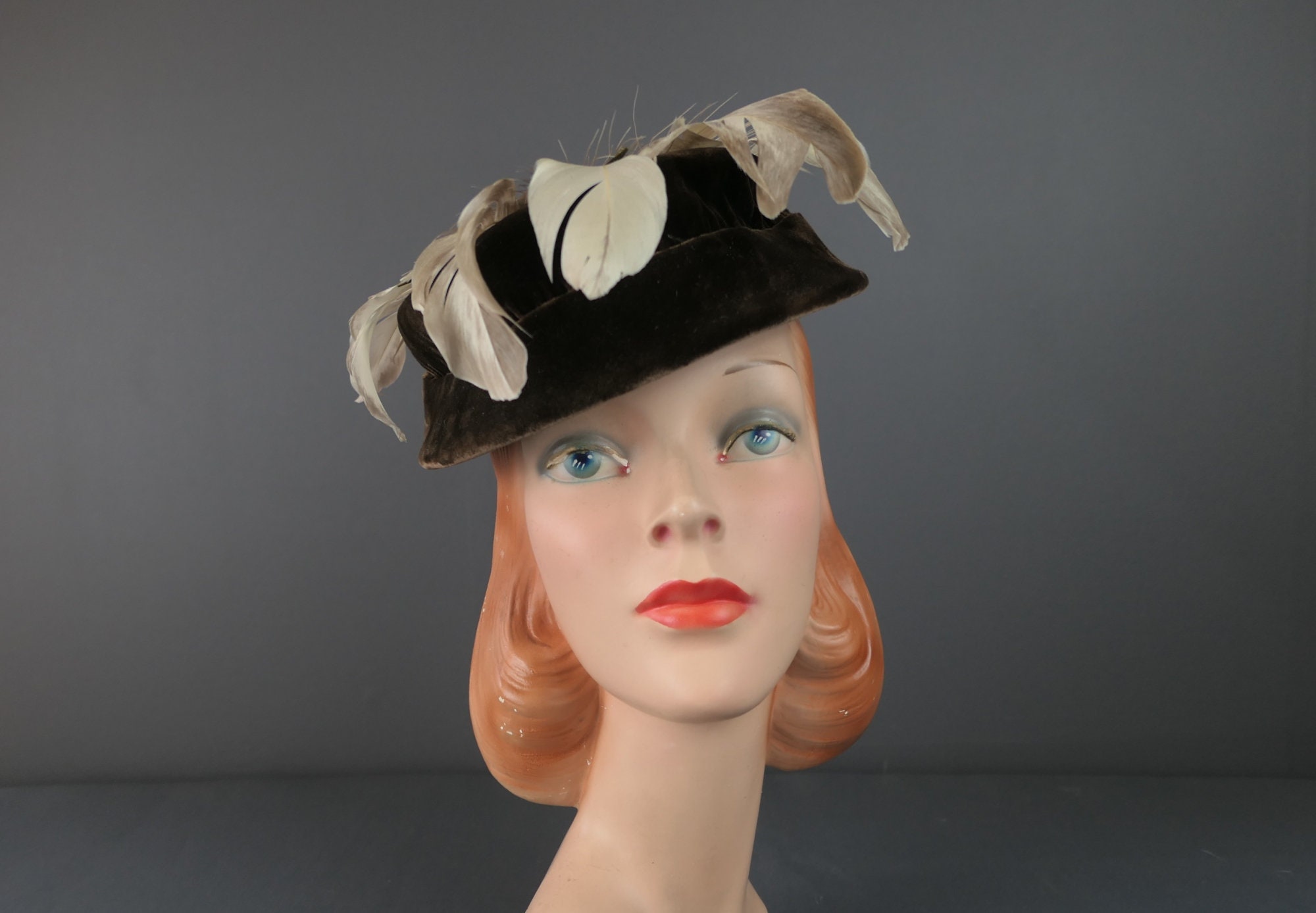 Vintage Brown Velvet and Feathers Hat, 1950s Evening  display picture 1