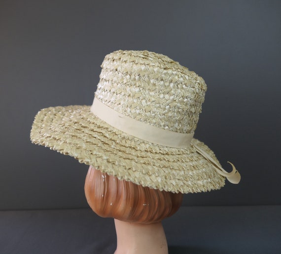 Vintage Ivory Straw Wide Brim Hat, 1960s, 22 inch… - image 6