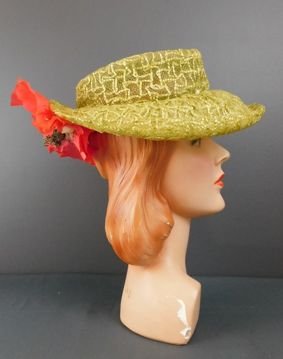 Vintage Sheer Green Raffia Hat with Large Back Fl… - image 4