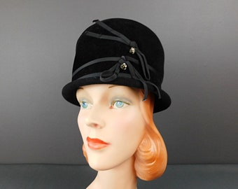 Vintage Black Plush Velvet Velour Hat with Ribbon & Rhinestone Balls, 1960s 21 inch head