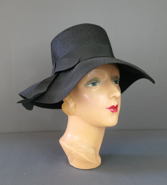 Vintage Black Straw Hat with Wide Soft Brim, 1960… - image 7