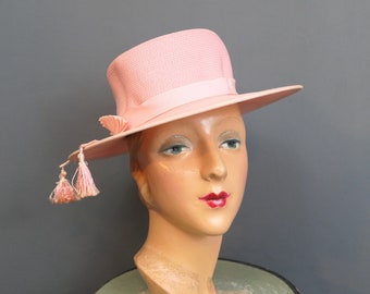 Vintage Light Pink Hat Wide Brim Straw with Tassels, 1960s, 21 inch head