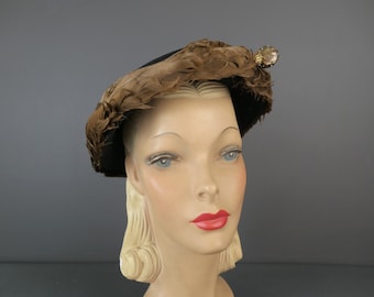 Vintage Black Felt Hat with Brown Feathers and  Sequin Decoration, Mushroom 1950s, 22 inch head