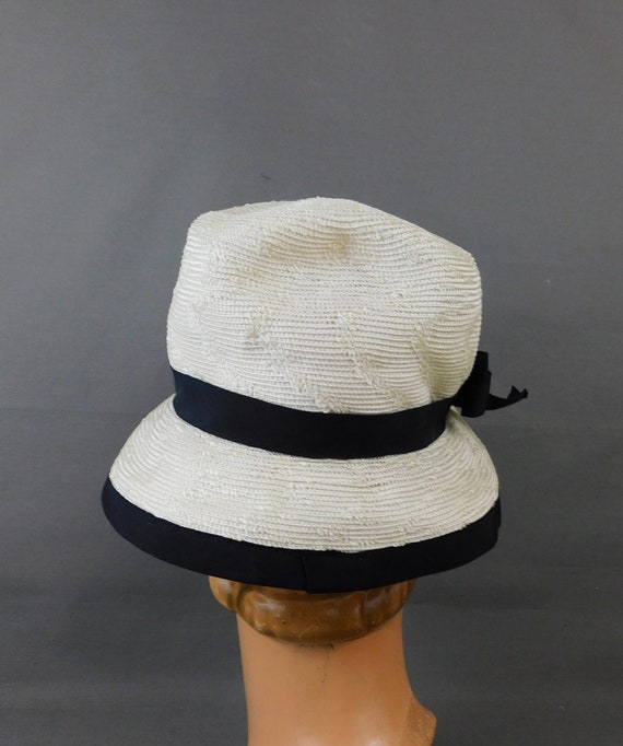 Vintage Ivory Straw Hat with Black Trim, Soft Bri… - image 5