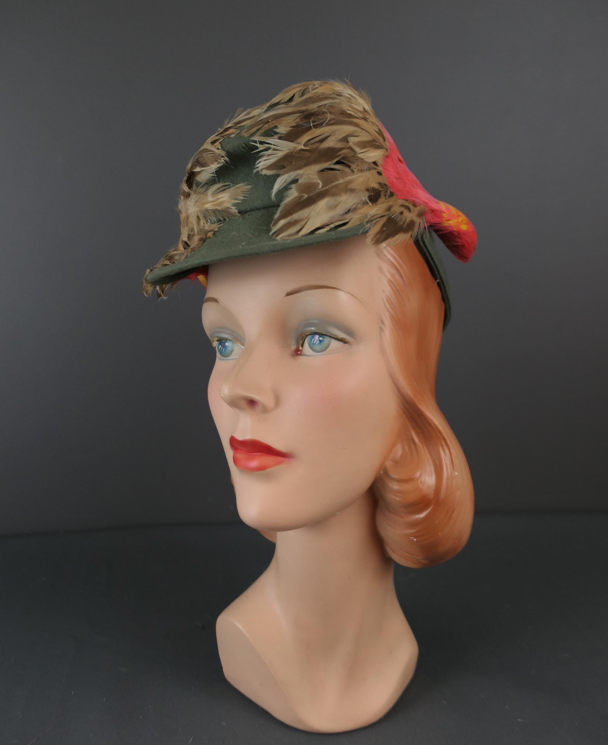 Vintage Olive Green Felt Tilt Hat With Feathers, 1940s Gage  display picture 2