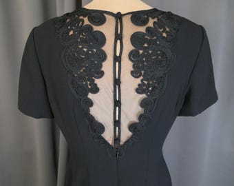 Vintage Black Evening Gown with Sheer Mesh Back and Buttons, 1990s, 36 inch bust, MariAnna Petites
