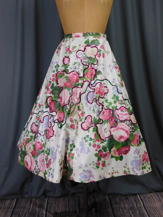 Vintage 1950s Full Skirt, Pink Lavender Flowers, … - image 3