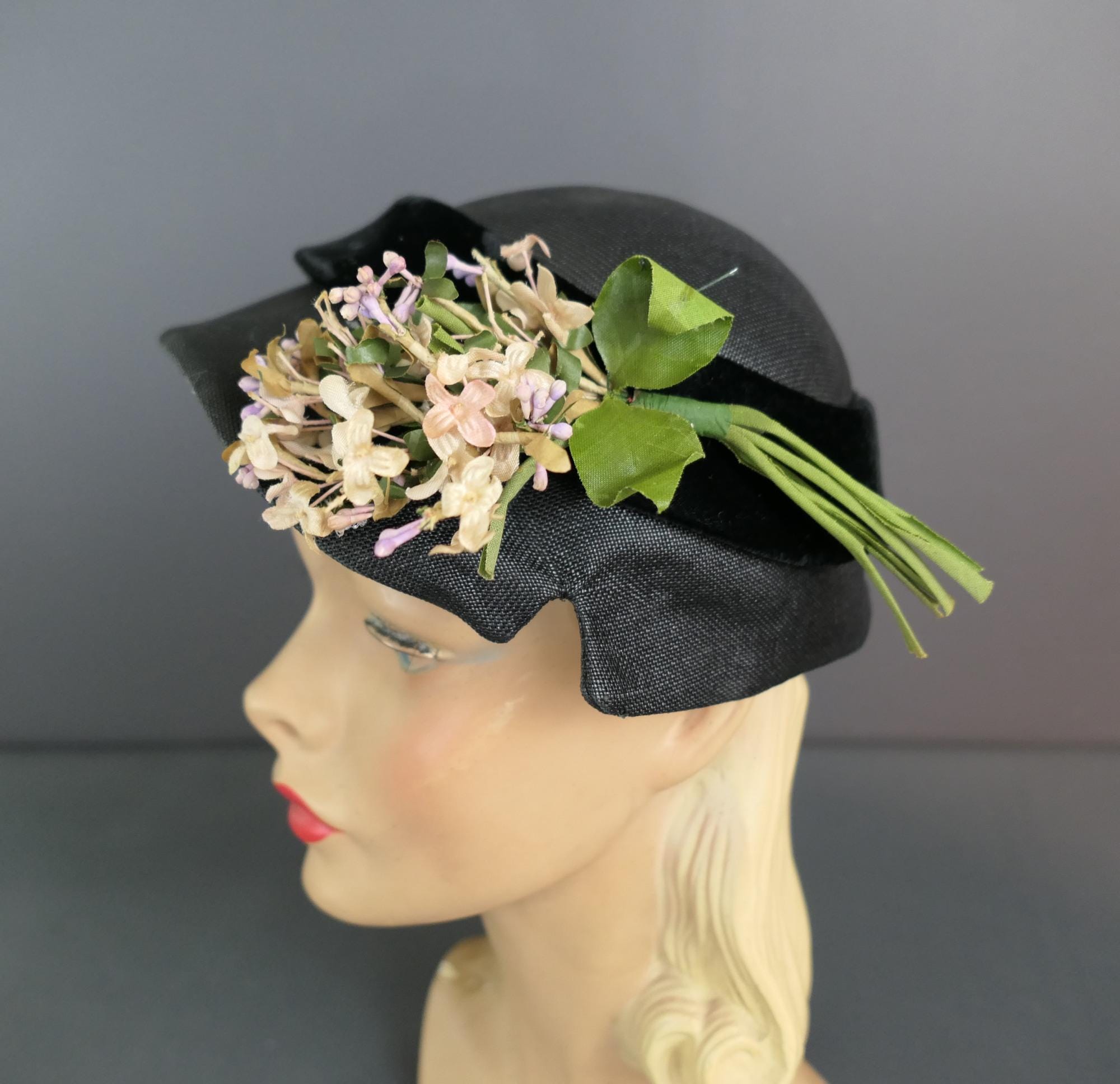 Vintage Black Hat With Small Flowers, Straw With Velvet Late  display picture 2