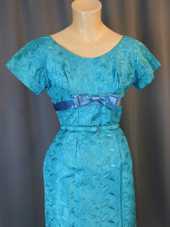 Vintage Embroidered Turquoise Dress 1950s 1960s, XS 3… Gem