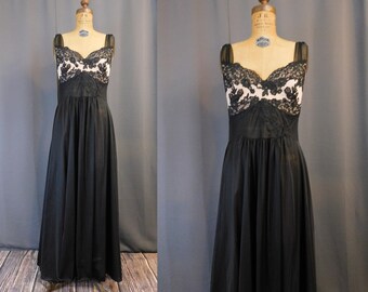 Vintage Black Vanity Fair Nightgown, 1950s, 38 bust, Lace on Ivory