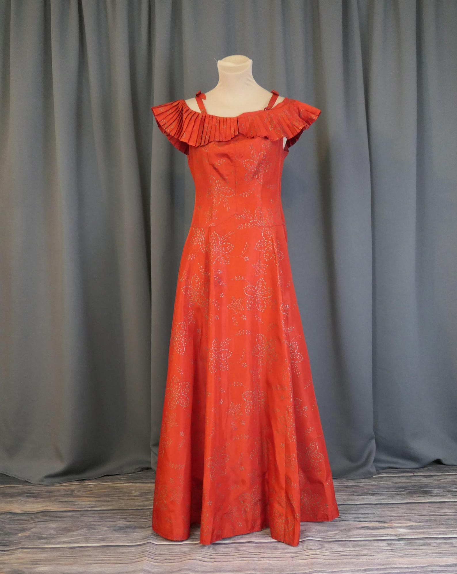 1940s Red Taffeta Formal Gown: Gold Stenciled Flowers, Off-Shoulder