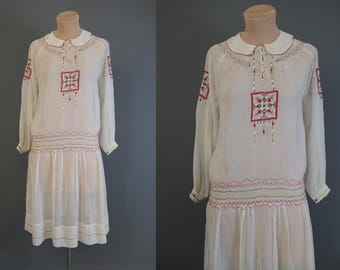 Vintage 1920s Peasant Dress, Embroidered White Cotton Gauze, Hungarian, fits 36 inch bust, issues