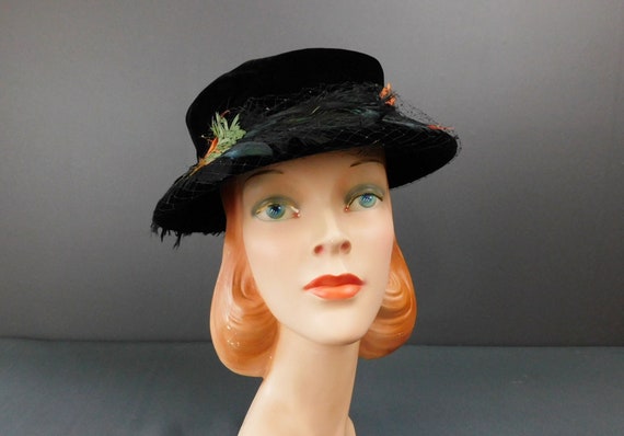 Vintage Black Velvet 1940s Hat with Black, Orange… - image 1