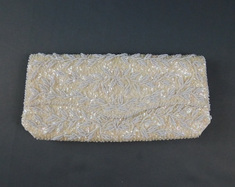 Vintage White Beaded & Ivory Satin Clutch Purse, 1960s Sequins