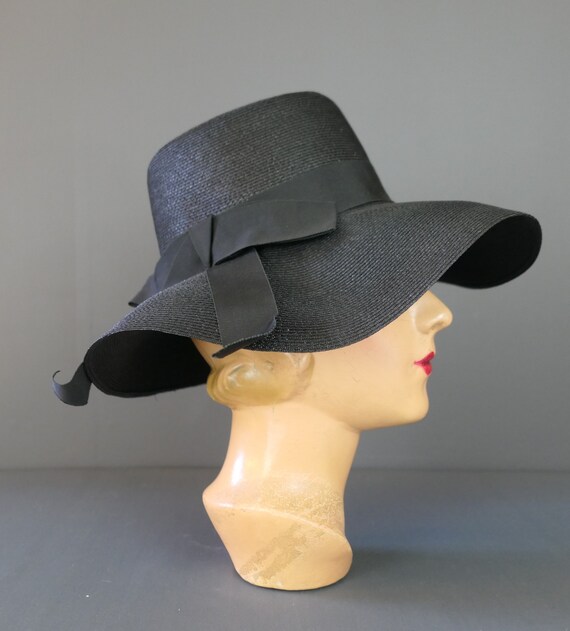 Vintage Black Straw Hat with Wide Soft Brim, 1960… - image 5