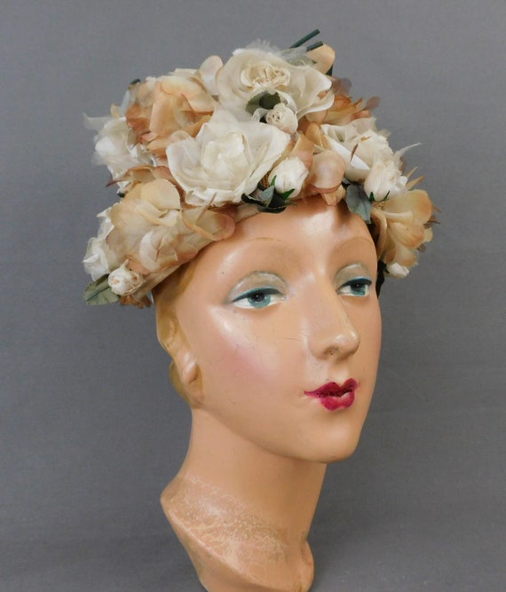 Vintage Ivory and Beige Floral Hat 1960s, Modern … - image 2