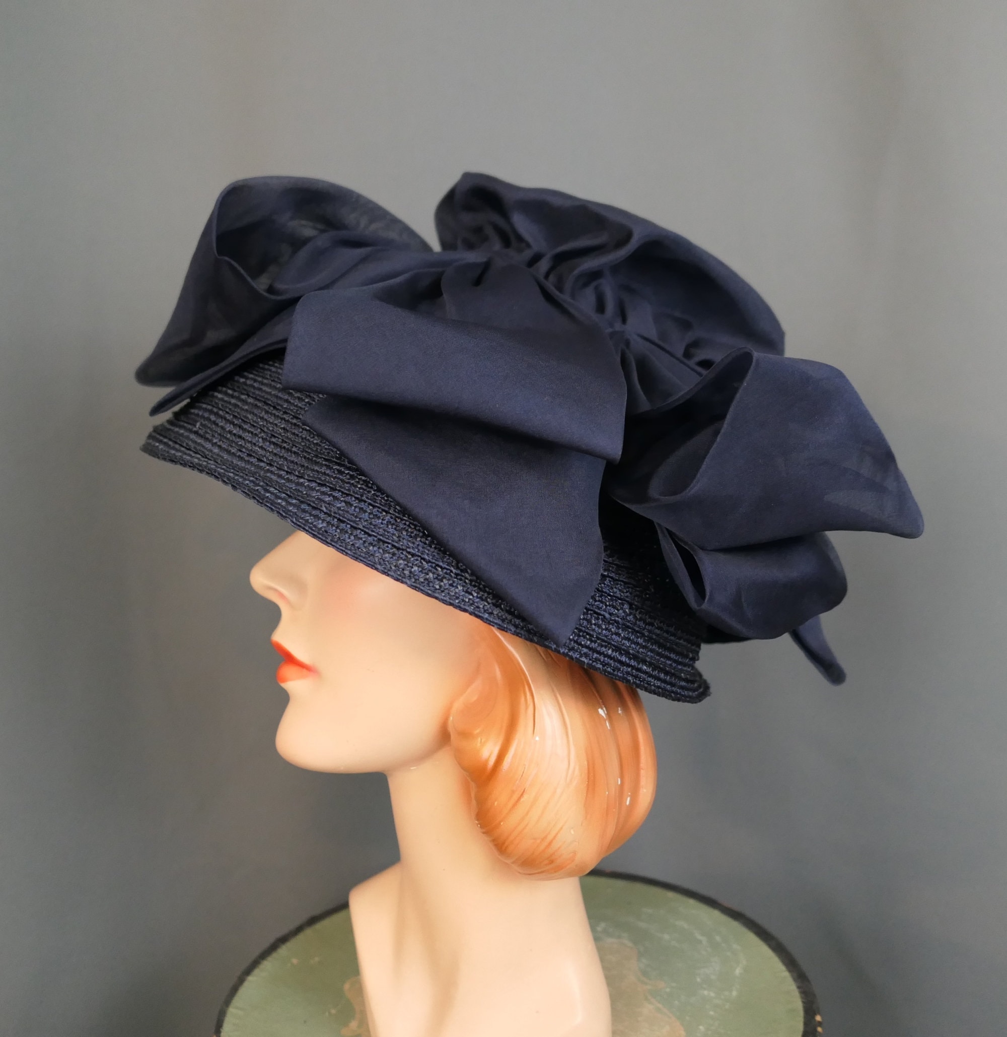 H52- Vintage Navy Blue Hat with Veil and Blue Sunflowers Vintage 1980s Navy Blue Wide Brim Felt Hat, Gold Flowers  main image 3