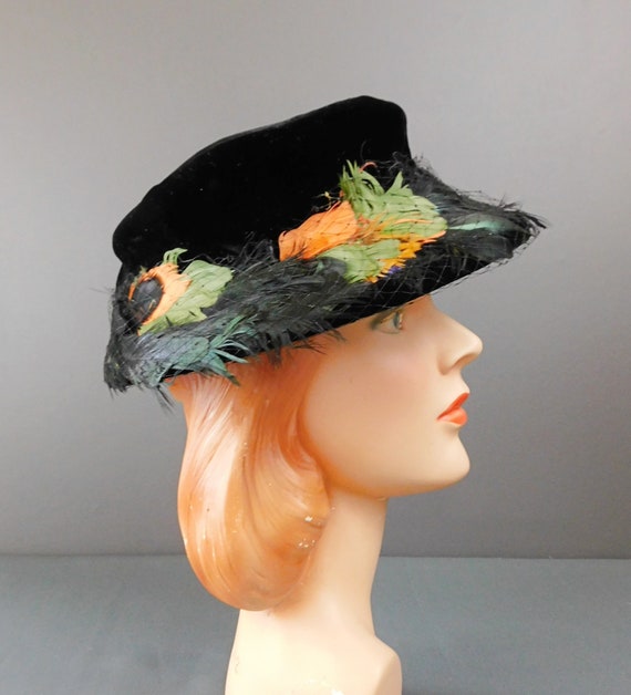 Vintage Black Velvet 1940s Hat with Black, Orange… - image 4