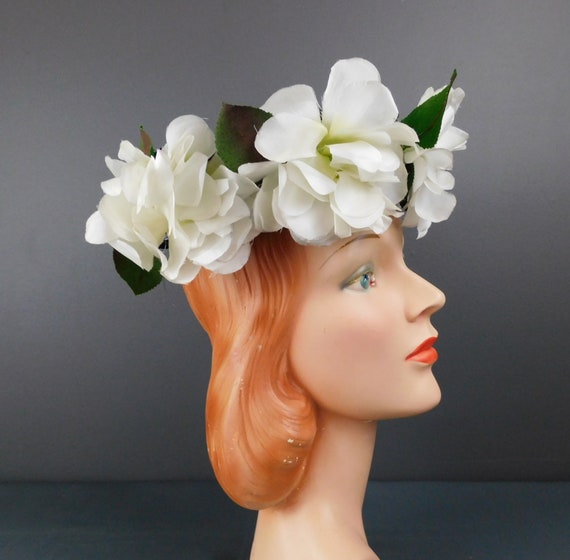 Vintage Navy Straw Hat with White Flowers, 1960s,… - image 1