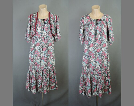 Vintage Floral Peasant Dress with Vest, Boho Hippi