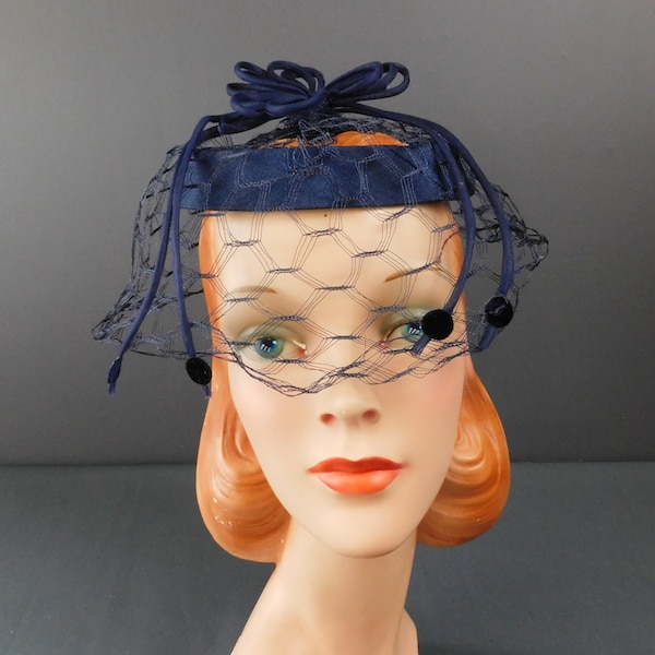 Vintage  Midnight Blue Ring Hat with Veil and Organdy Loops, 1960s