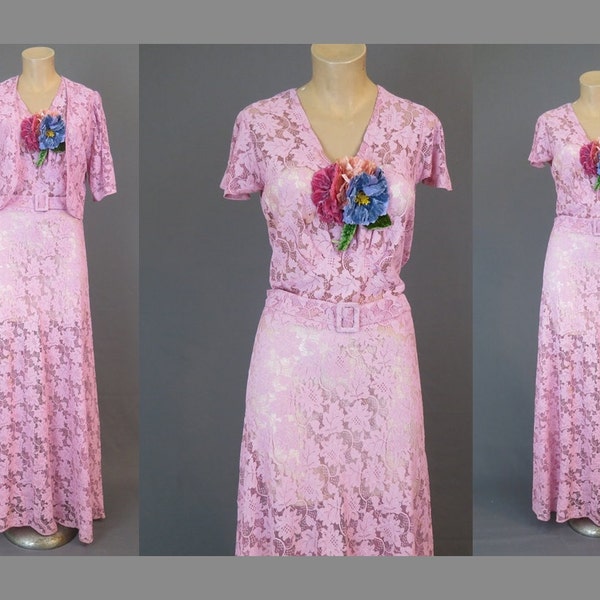 Vintage 1930s Gown, Lace Dress and Jacket Set, Mauve Lace with Large Flowers fits 36 bust, 30 waist