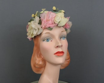 Vintage Pink & Ivory Floral Hat with Leaves on Top 1960s, 21 to 22 inch head