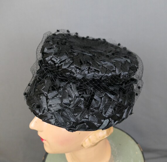 Vintage Black Raffia Straw Bucket Hat, 1960s with… - image 4