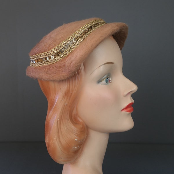 Vintage Mauve Plush Hat with Gold Sequin Trim, 1950s, 22 inch head