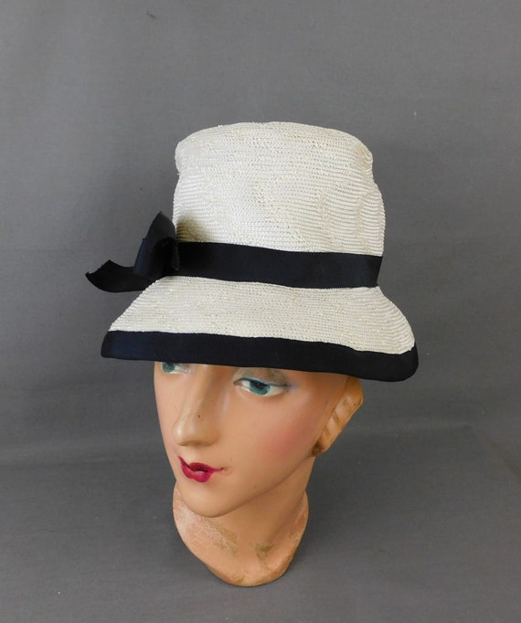 Vintage Ivory Straw Hat with Black Trim, Soft Bri… - image 8