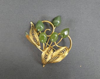 Vintage Gold Wire Filigree Brooch Floral with Faux Jade Stones, 1980s