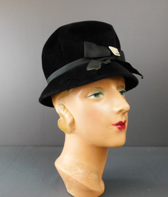 Vintage Black Plush Velour Hat, Tall 1960s with R… - image 2
