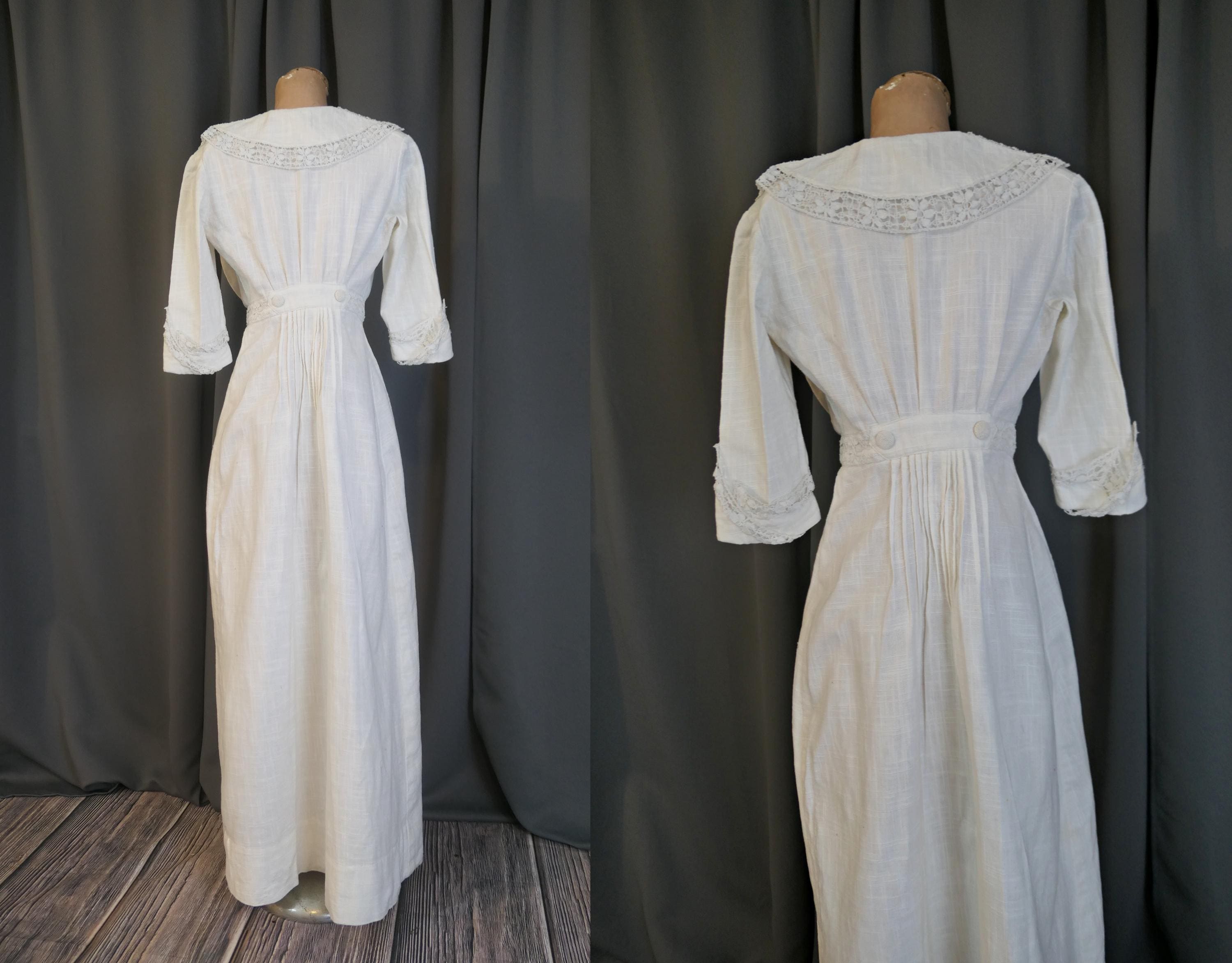 ワンピース 1900s Edwardian Linen Dress Vintage Edwardian 1900s Linen Dress, Lace Down the Front, XS