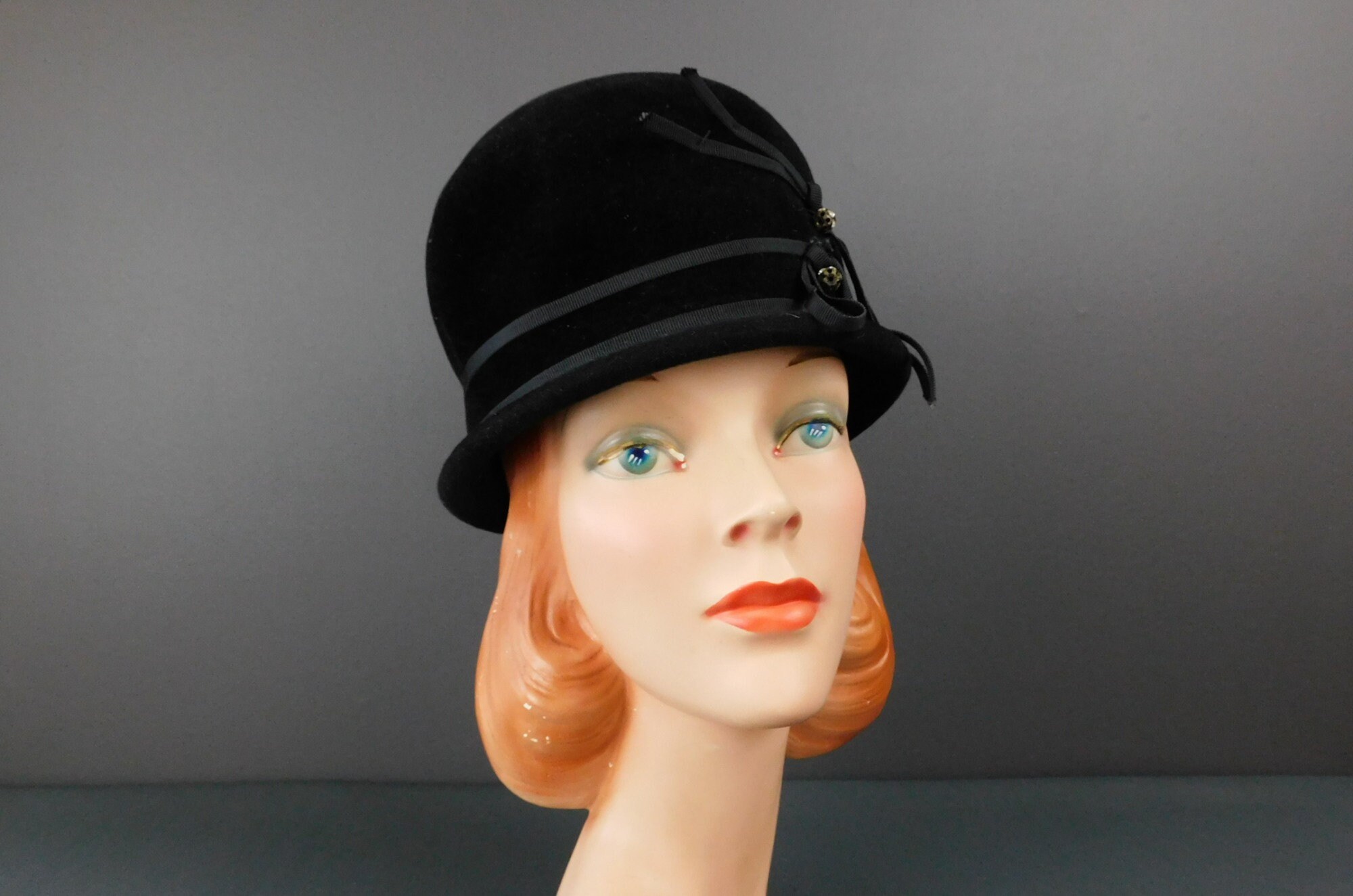 【新品未使用】birthdaybash Barletta velour GRAY Vintage Black Plush Velvet Velour Hat With Ribbon