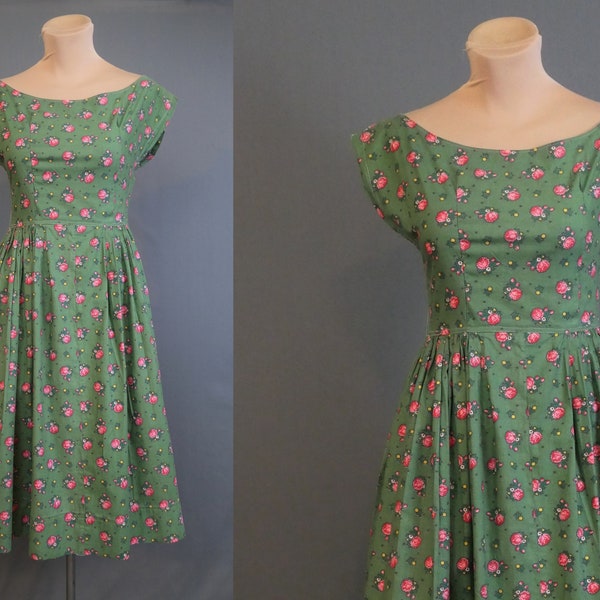 Vintage Green Floral Dress with Full Skirt, 1960s 33 inch bust, Pink Flowers, some issues, short waist