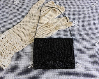 Vintage 1930s Tiny Beaded Black Wrist Purse, 4x3 Evening Bag