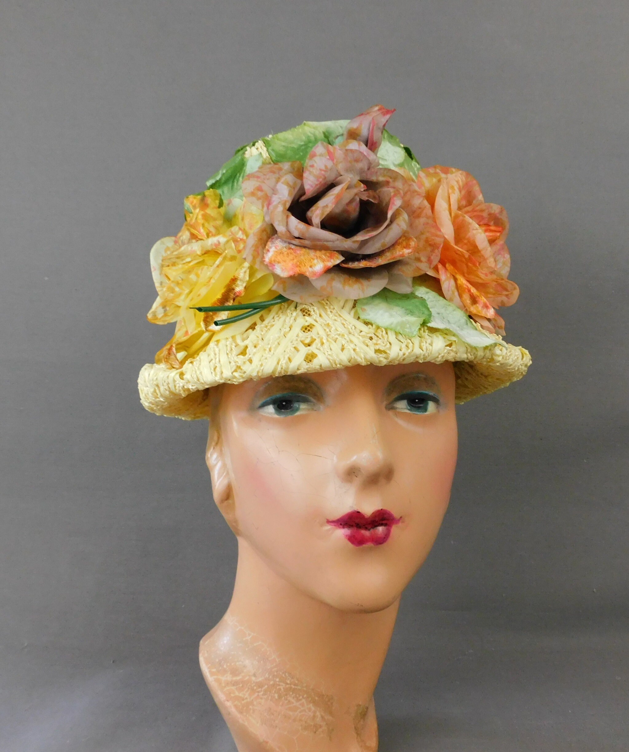 Vintage Yellow Straw Floral Hat 1960s Large Flowers 22 Inch  display picture 1