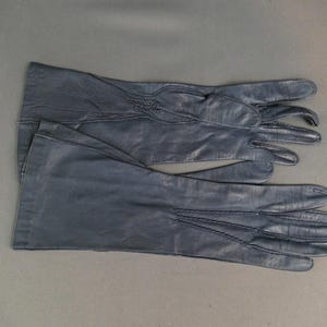 Vintage Dark Blue Leather Gloves, 1950s, 12 inches long, size 6-1/2